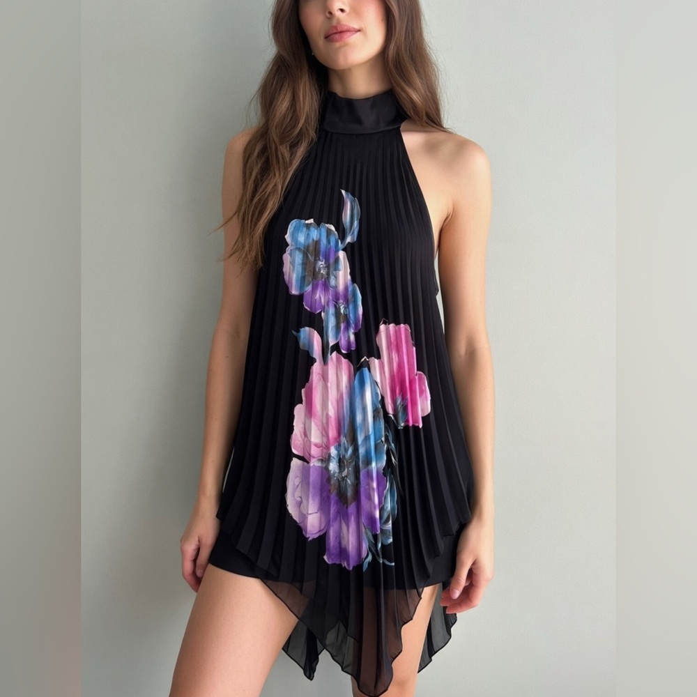 Black Pleated Floral Halter Tunic
